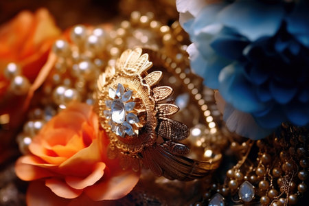 Bright colorful background with a set of flowers and a jewelry at a wedding in India. Generative AI.の素材