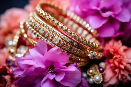 Bright colorful background with a set of flowers and a jewelry at a wedding in India. Generative AI.の素材