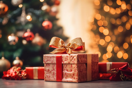 Festive background with a Christmas tree and gift boxes. Template for New Year's greeting card. Generative AI.の素材