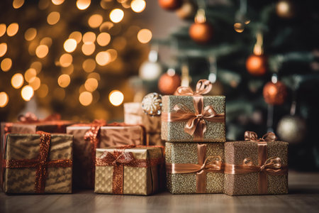 Festive background with a Christmas tree and gift boxes. Template for New Year's greeting card. Generative AI.の素材