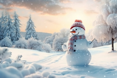 A cute smiling snowman stands against the backdrop of a festive winter landscape. A template for a Christmas card. Generative AI.の素材