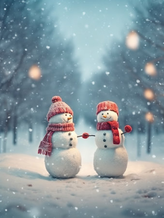 A couple of cute snowmen in love. Template for greeting card with copy space. Generative AI.の素材