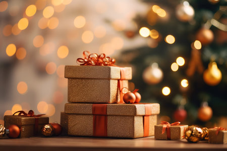 Festive background with a Christmas tree and gift boxes. Template for New Year's greeting card. Generative AI.の素材