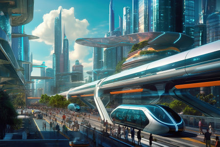 Transport of the future in a gigantic futuristic megalopolis. Abstract background for a science fiction book. Generative AI.の素材
