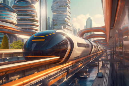 Transport of the future in a gigantic futuristic megalopolis. Abstract background for a science fiction book. Generative AI.の素材