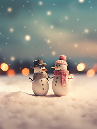 A couple of cute snowmen in love. Template for greeting card with copy space. Generative AI.の素材