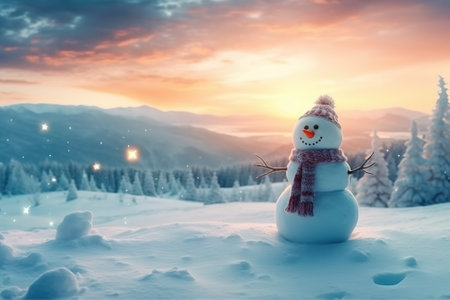 A cute smiling snowman stands against the backdrop of a festive winter landscape. A template for a Christmas card. Generative AI.の素材