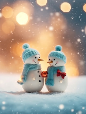 A couple of cute snowmen in love. Template for greeting card with copy space. Generative AI.の素材