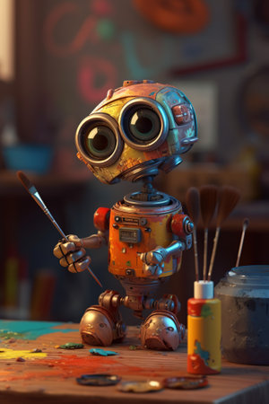 A cute funny cartoon robot tries to paint with oil paints. Generative AI.の素材