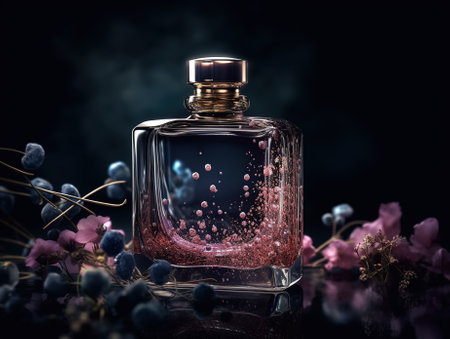 Elite perfume with beautiful flowers. Template for product presentation. Generative AI.の素材
