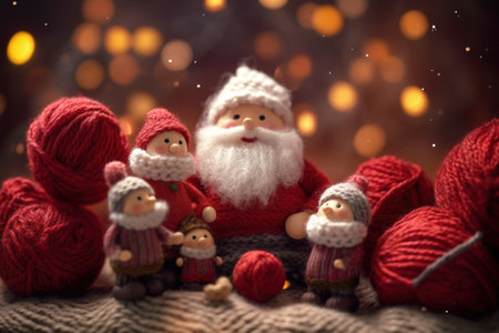 Abstract Christmas background with Santa Claus and children woven from knitting threads. Template for greeting card with copy space for text. Generative AI.の素材