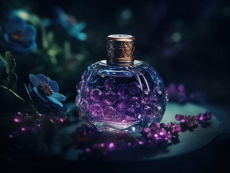 Elite perfume with beautiful flowers. Template for product presentation. Generative AI.の素材