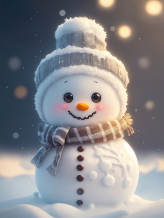 Cute smiling snowman. Template for a Christmas card. Generative AI.の素材