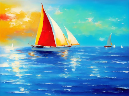 Sailing boats on the sea. Seascape in the style of impressionism. Generative AI.の素材