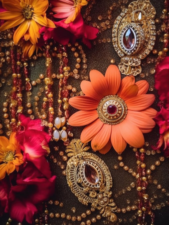 Bright colorful background with a set of flowers and a jewelry at a wedding in India. Generative AI.の素材