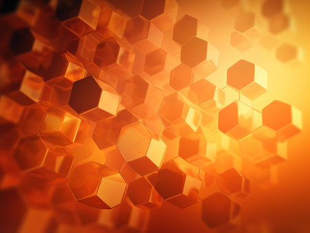 Abstract background of hexagonal translucent orange shapes. Generative AI.の素材