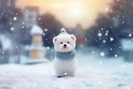 Pretty white fluffy dog on snowy winter background. Generative AI.の素材