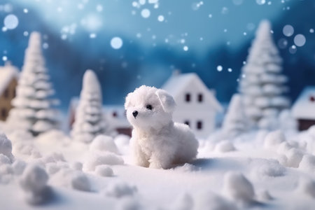 Pretty white fluffy dog on snowy winter background. Generative AI.の素材