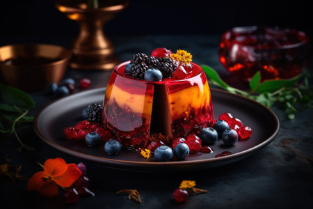 Delicious fruit and berry dessert from the chef. A still life for the restaurant menu. Generative AI.の素材