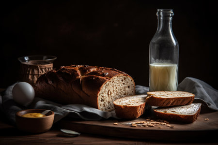 Natural healthy delicious bread. Rustic still life. Generative AI.の素材