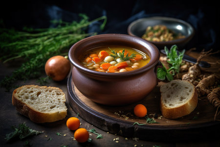 Delicious and healthy vegetarian soup from the chef. A still life for the restaurant menu. Generative AI.の素材