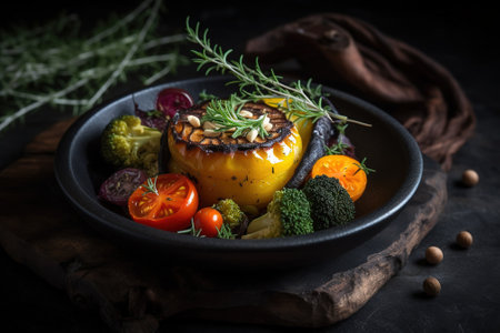 Delicious and healthy vegetarian dish from the chef. A still life for the restaurant menu. Generative AI.の素材