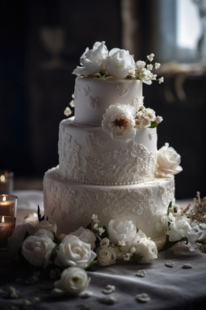 Big gorgeous wedding cake decorated with flowers. Generative AI.の素材