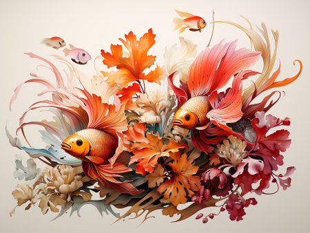 Colorful fantasy underwater world with beautiful fishes. Oil painting in an abstract style. Generative AI.の素材
