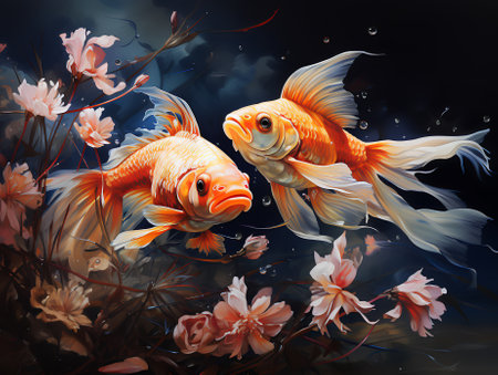 Colorful fantasy underwater world with beautiful fishes. Oil painting in an abstract style. Generative AI.の素材