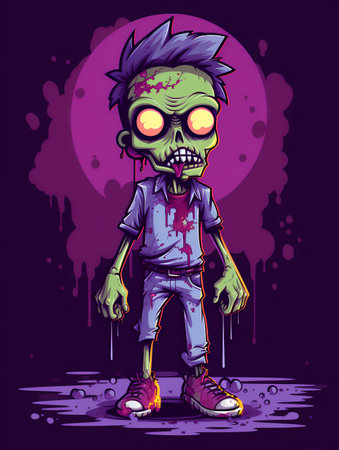 Cartoon zombie. Template for a greeting card for Halloween. Generative AI image.の素材