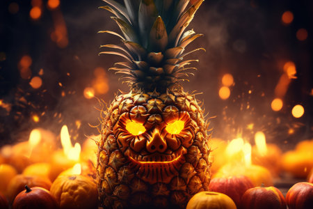 Pineapple is a Halloween monster. Template for a greeting card. Generative AI image.の素材