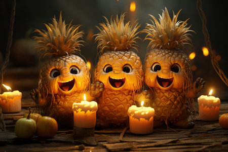 Pineapple is a Halloween monster. Template for a greeting card. Generative AI image.の素材