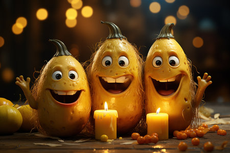 Banana is a Halloween monster. Template for a greeting card. Generative AI image.の素材