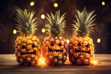 Pineapple is a Halloween monster. Template for a greeting card. Generative AI image.の素材