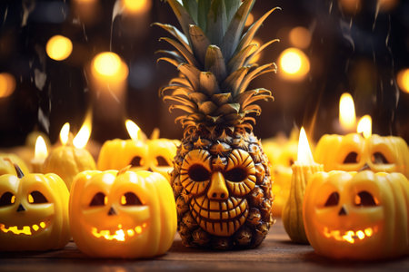 Pineapple is a Halloween monster. Template for a greeting card. Generative AI image.の素材