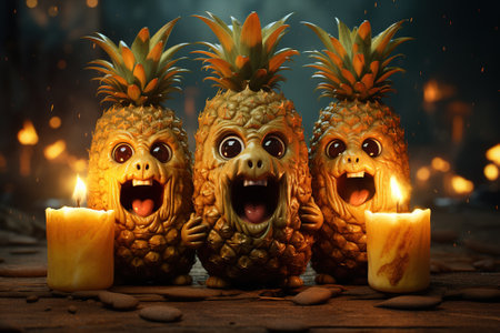 Pineapple is a Halloween monster. Template for a greeting card. Generative AI image.の素材