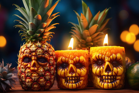 Pineapple is a Halloween monster. Template for a greeting card. Generative AI image.の素材