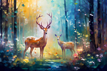 Colorful magical forest. Oil painting in the style of impressionism. Generative AI image.の素材