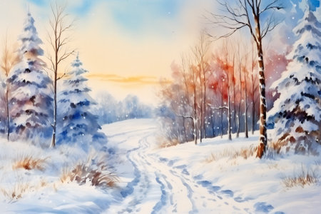 Beautiful Christmas winter landscape. Watercolor painting illustration. Generative AI.の素材