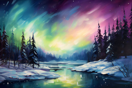 Northern Lights. Landscape. Impressionism style oil painting. Generative AI.の素材