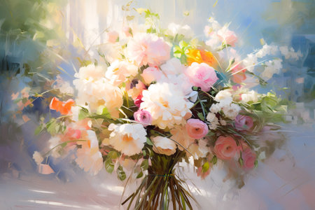 Wedding bouquet. Impressionism style oil painting. Generative AI.の素材