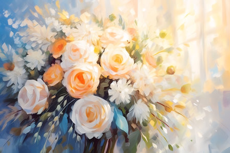 Wedding bouquet. Impressionism style oil painting. Generative AI.の素材