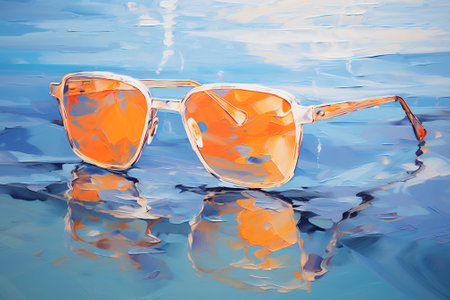 Beautiful seascape with sunglasses. Impressionism style oil painting. Generative AI.の素材