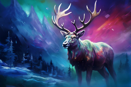 Reindeer against the background of winter forest and sky with northern lights. Impressionism style oil painting. Generative AI.の素材