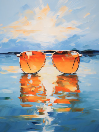 Beautiful seascape with sunglasses. Impressionism style oil painting. Generative AI.の素材