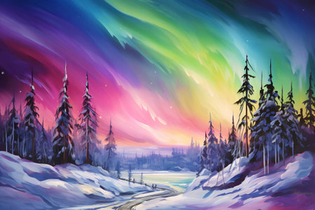 Northern Lights. Landscape. Impressionism style oil painting. Generative AI.の素材