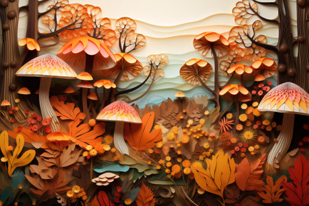 Beautiful autumn forest. Landscape in decorative illustration style. Generative AI.の素材