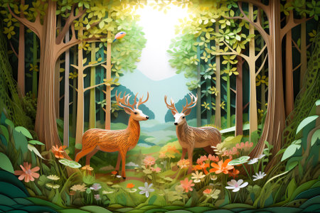 Beautiful spring forest. Landscape in decorative illustration style. Generative AI.の素材