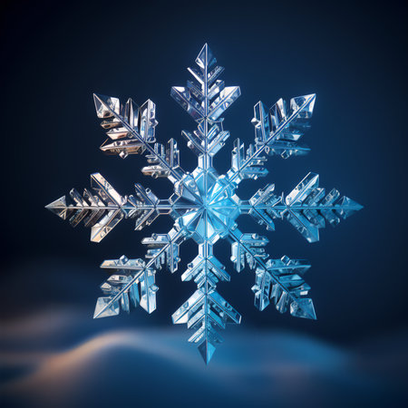 Abstract beautiful decorative snowflake on a dark background close-up. Generative AI.の素材