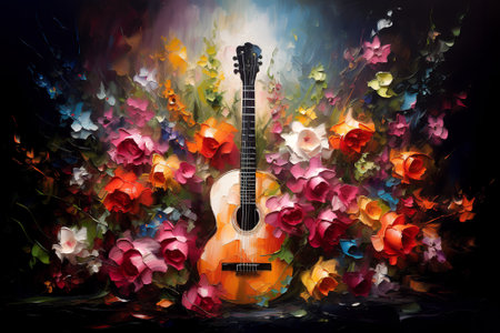 Guitar among the flowers. Oil painting in impressionism style. Generative AI.の素材